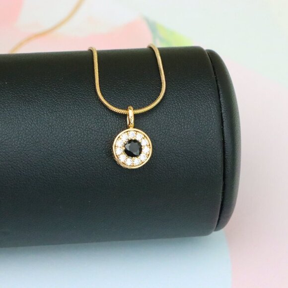 "Black Center Round Pendant in Rose Gold with Crystal Halo, XPPT1595 - Picture 3 of 13